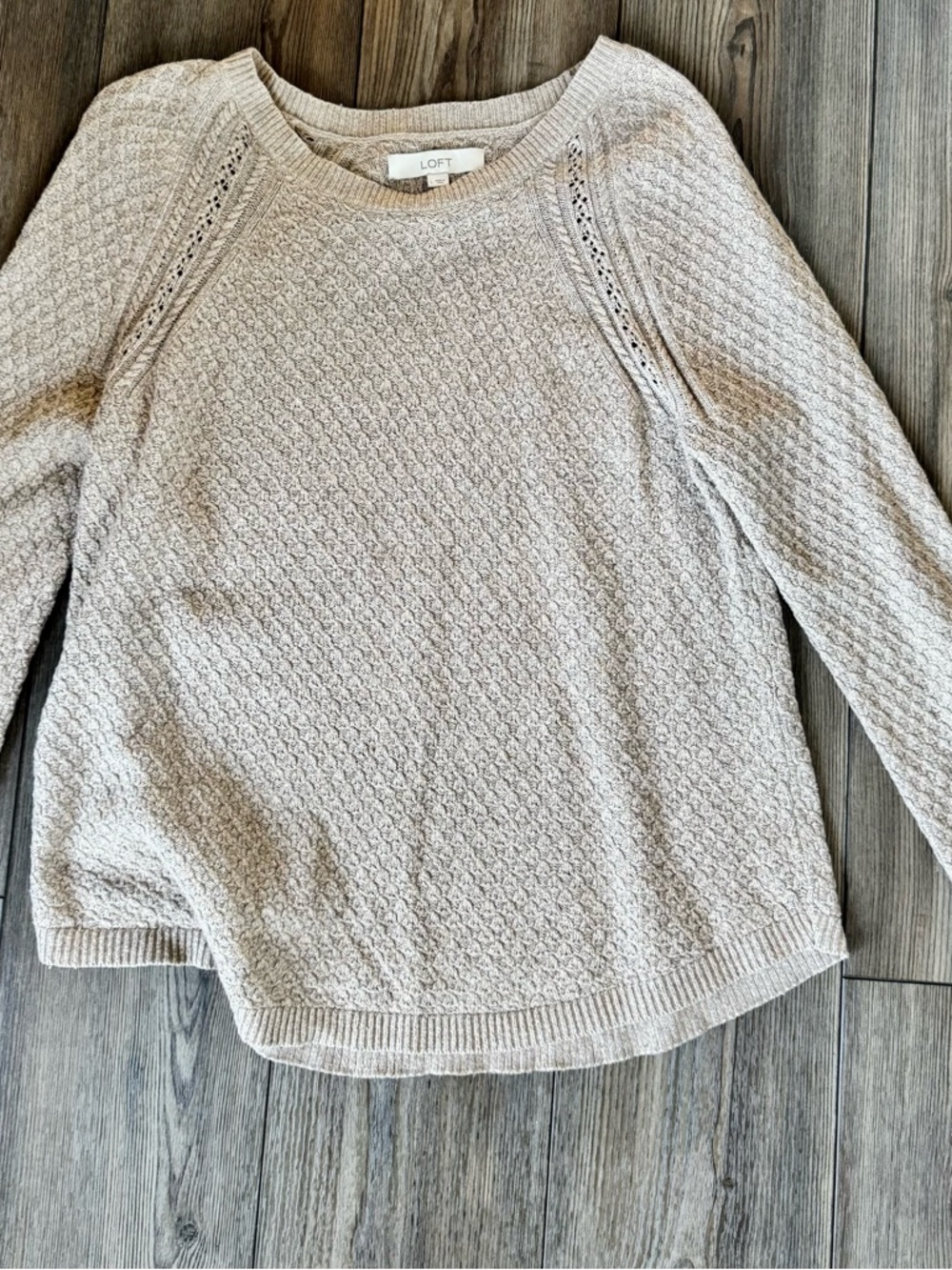LOFT Neutral tan Open-Stitch Raglan Crewneck Sweater